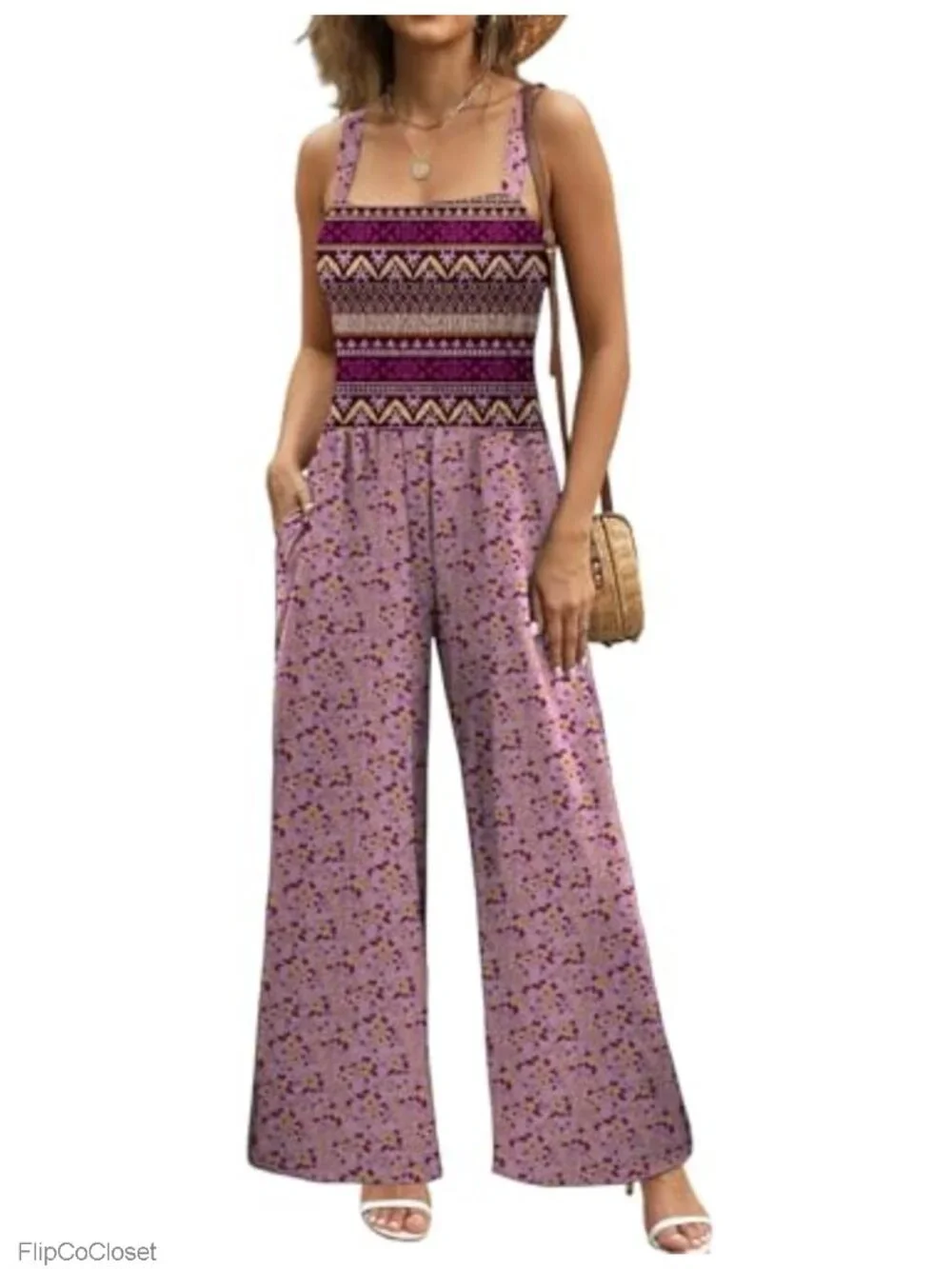 Sleeveless Square Neck Wide Leg Jumpsuit Romper with Pockets